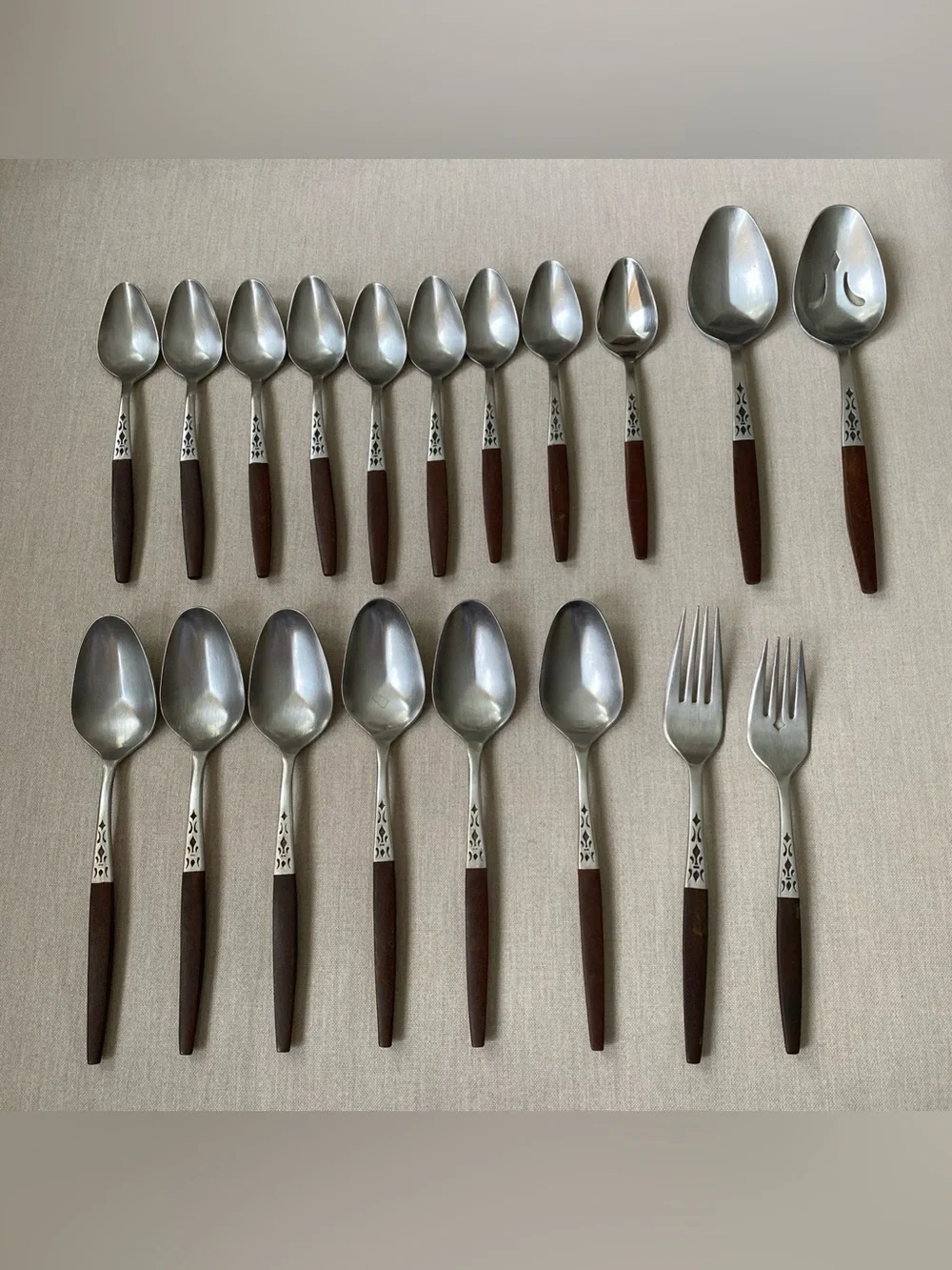 VTG MCM Grand Prix Dior Muffin Flatware 19 Pc Lot Stainless Japan Faux Wood